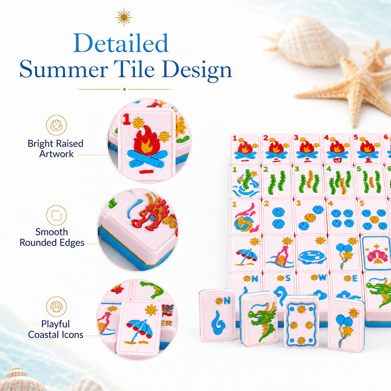 160PCS Beach Inspired American Mahjong Set, 3D Printed Tiles With Colorful Coastal Icons, Complete Table Game Set For Game Night