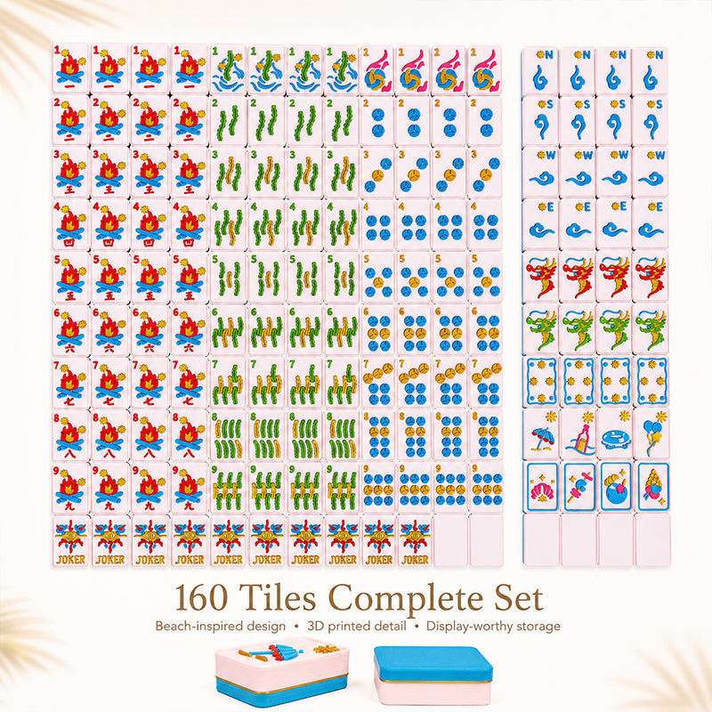 160PCS Beach Inspired American Mahjong Set, 3D Printed Tiles With Colorful Coastal Icons, Complete Table Game Set For Game Night